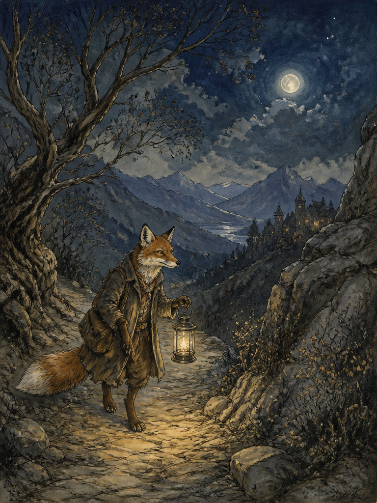 A lantern-lit fox on a moonlit path